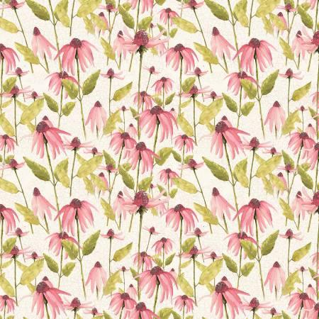 Floral cotton fabric with pink echinacea blossoms and green leaves on cream