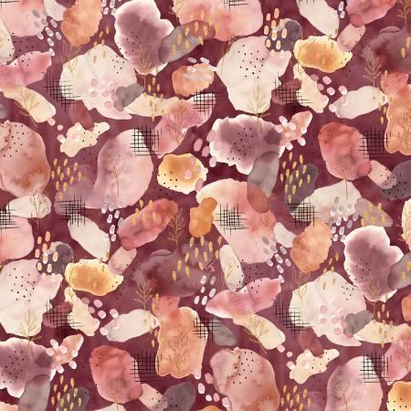 Floral abstract fabric with pink, mauve, cream blooms and black lattice lines