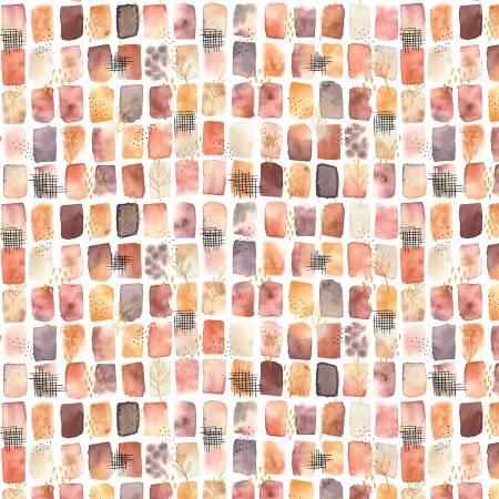Square-pattern fabric with painted blocks in orange, pink, cream, and dark gray accents