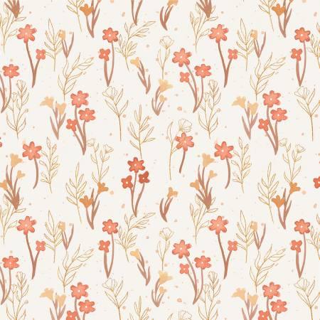 Watercolor ombre floral fabric with coral flowers and leafy stems on cream background