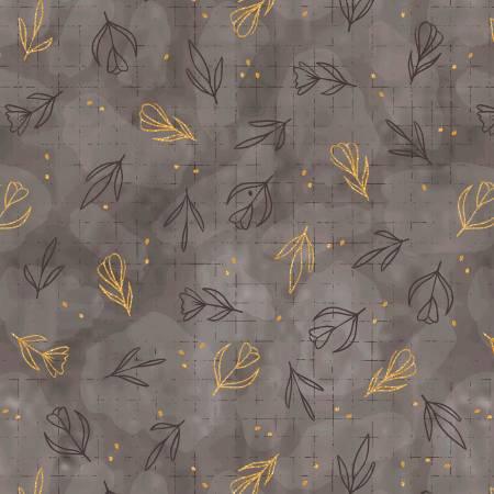 Floral tossed flowers cotton fabric with gray grid and gold accents