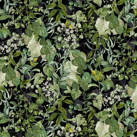Botanical foliage fabric with green leaves and small white flower clusters on dark base