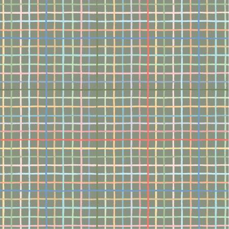 Plaid quilting fabric with dark sage green grid and thin red, blue, and white lines
