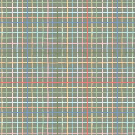Plaid quilting fabric with dark sage green grid and thin red, blue, and white lines