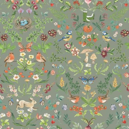 Dark sage cotton fabric with birds, flowers, mushrooms, and leafy vines pattern