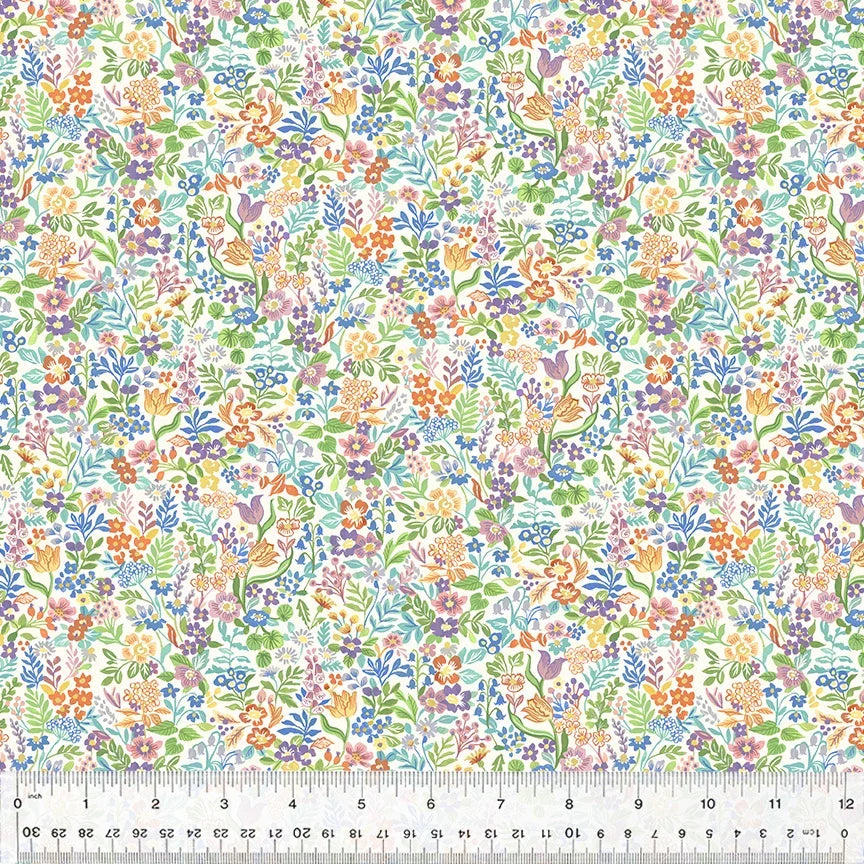 Ivory ditsy floral cotton fabric with small multicolor blossoms and leaves, straight edge