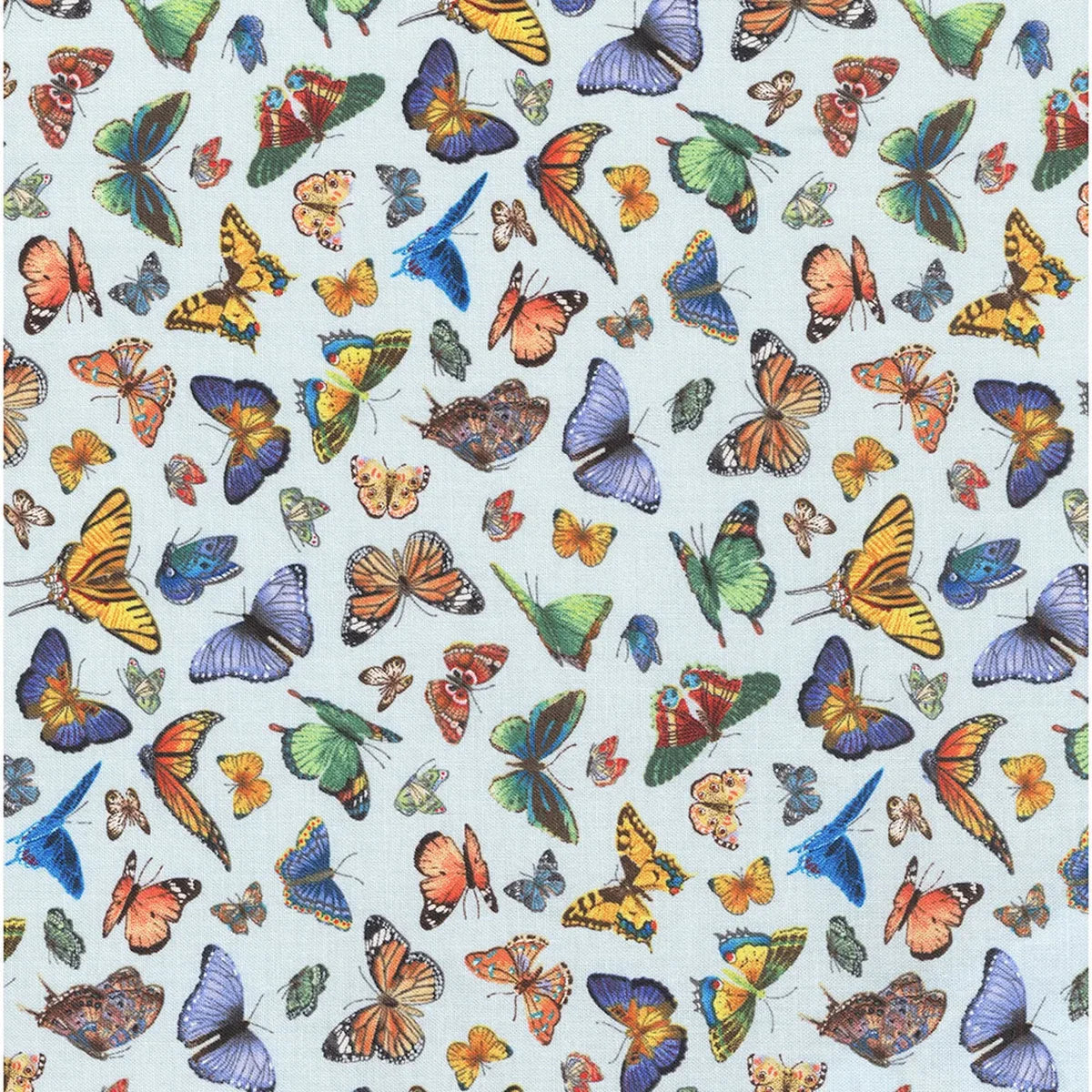 Light blue butterfly-pattern fabric with multicolor butterflies