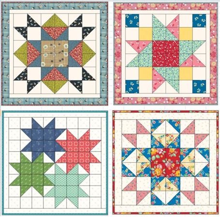 Set of mini quilt patchwork wall hangings with colorful star blocks in frames