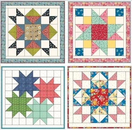 Set of mini quilt patchwork wall hangings with colorful star blocks in frames