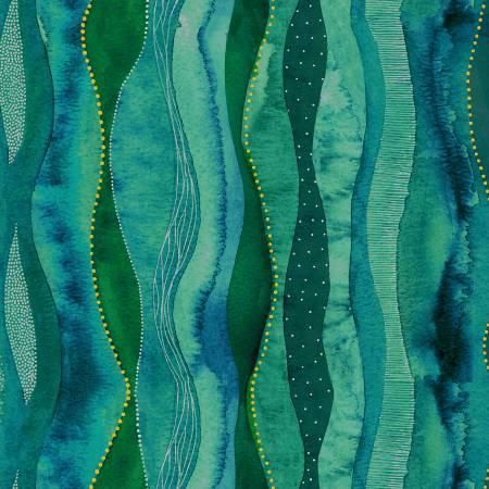 Emerald and teal abstract fabric with metallic gold dots and flowing wave lines