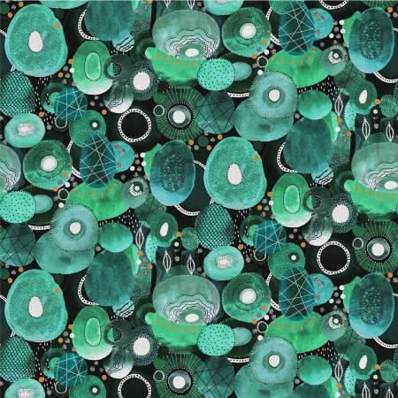 Teal printed cotton fabric with circular jungle motif clusters and dark outlines