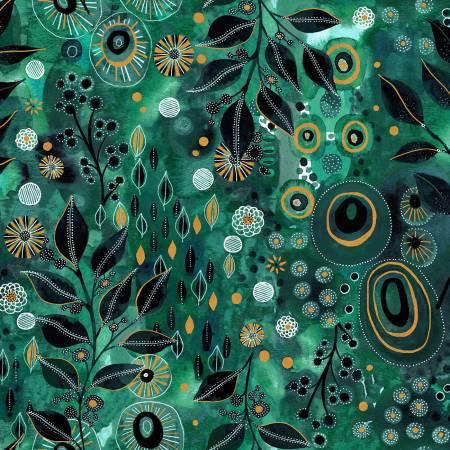 Emerald fabric with metallic printed floral, leaf, and circular motifs
