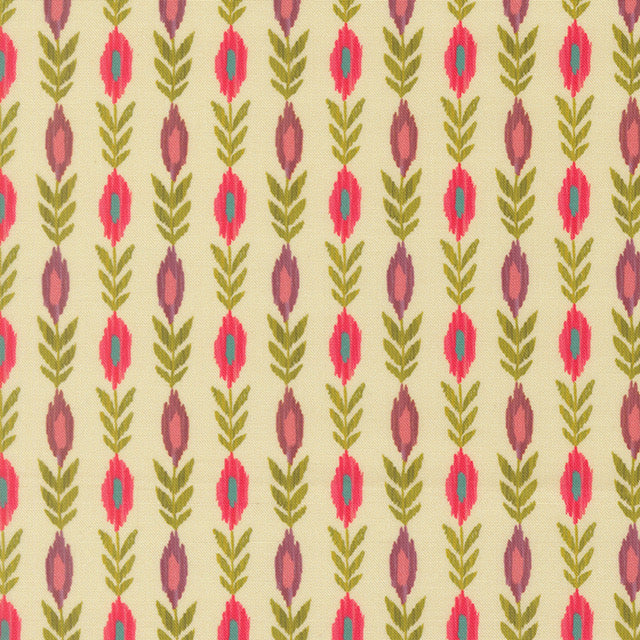 Cream fabric with repeating red and burgundy vine leaf pattern