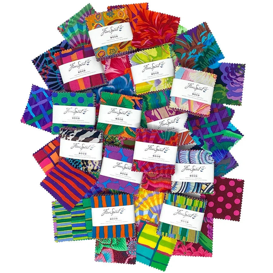 Mini fabric charm pack with multicolor geometric prints, assorted square pieces with labels