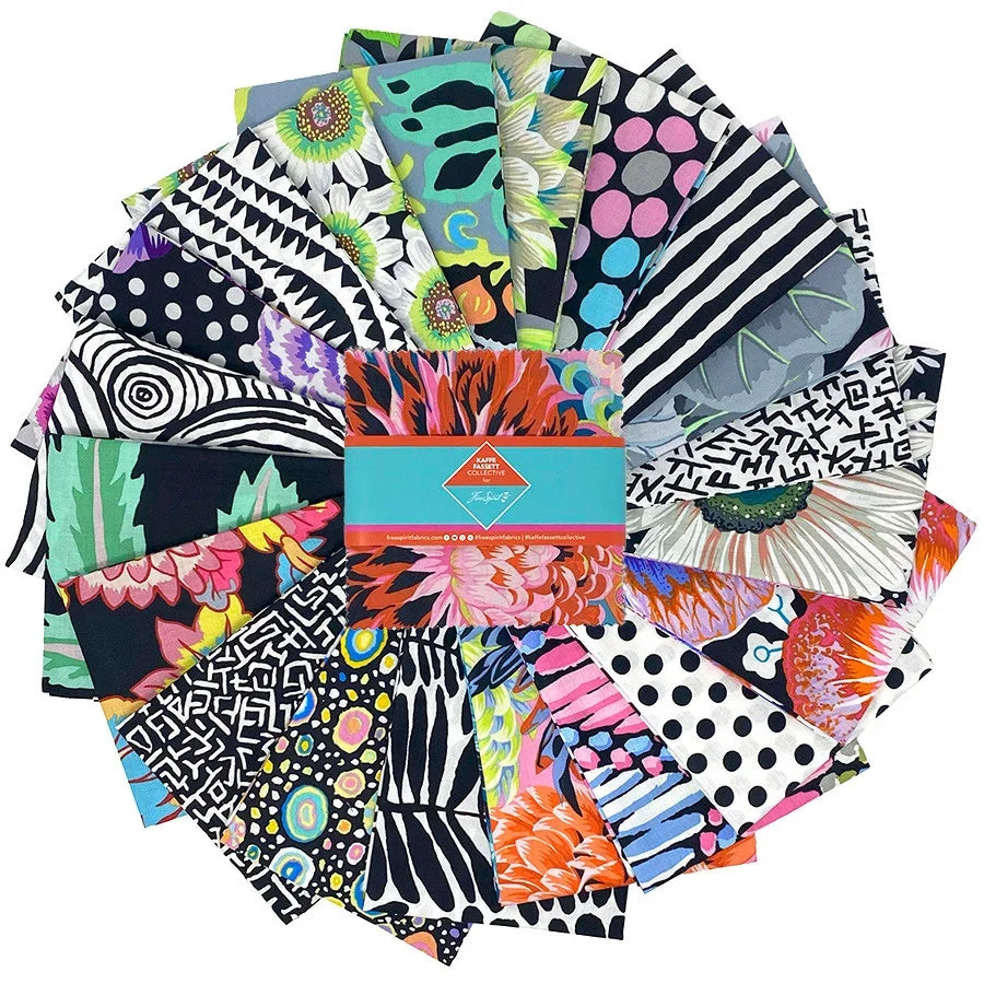 5-inch charm pack of multicolor abstract fabric squares with bold prints and stripes