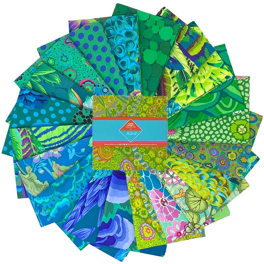 Colorful fabric charm pack of assorted teal, green, purple, and blue patterned squares