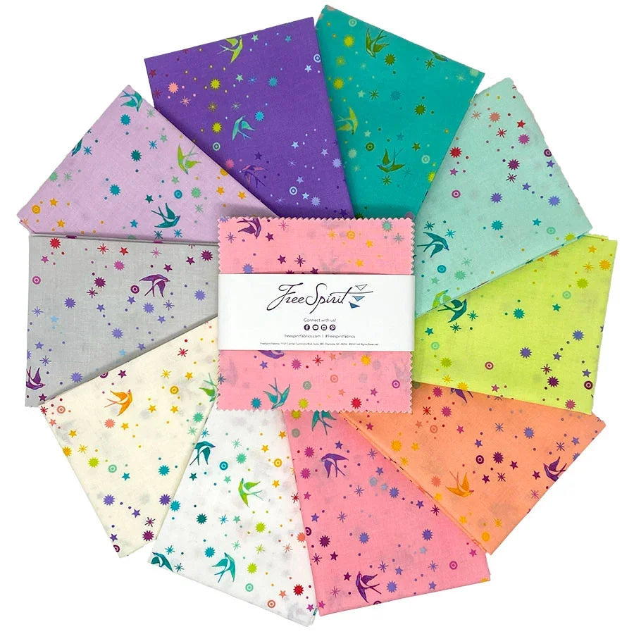 5-inch charm pack of cotton fabric squares, colorful fairy star prints