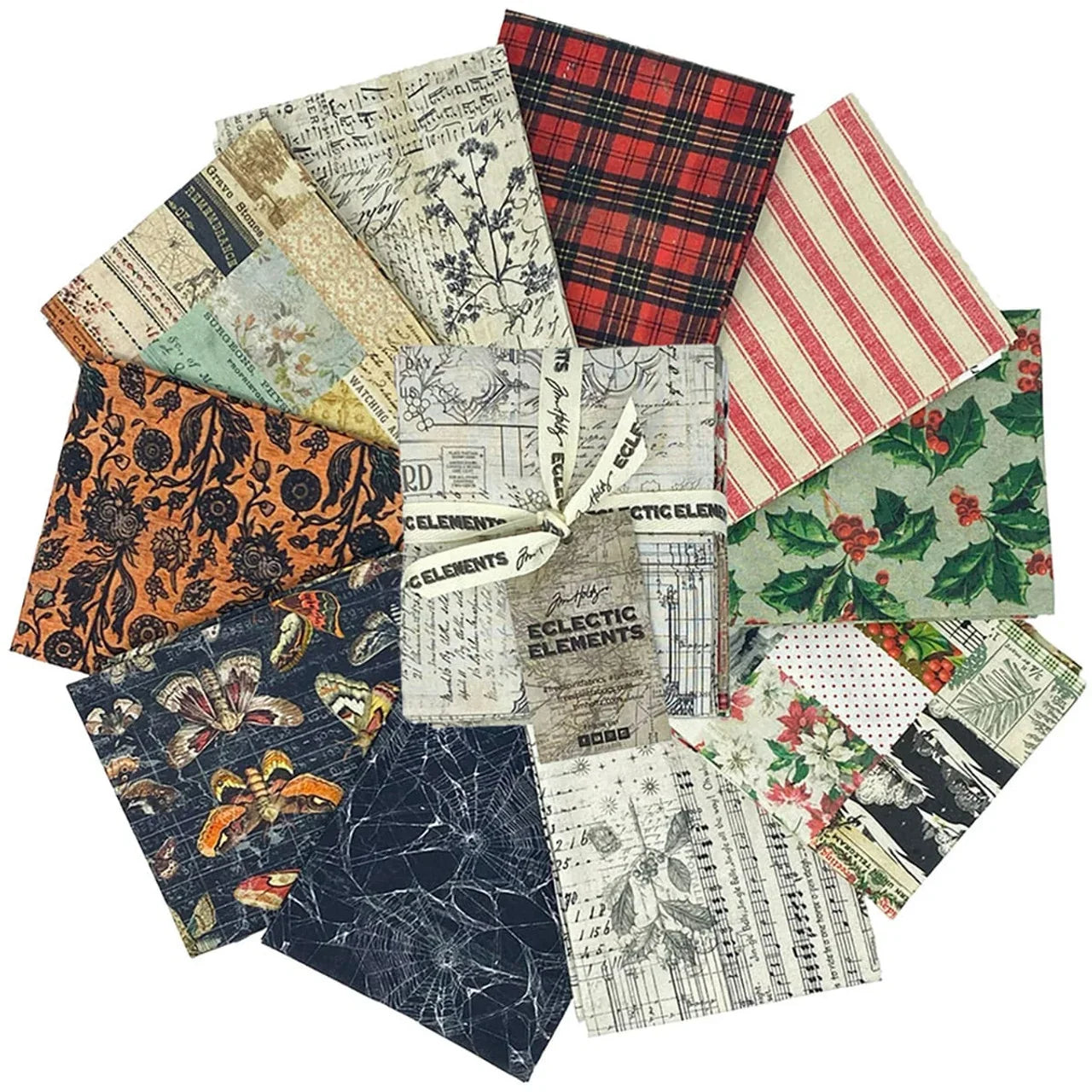 Cotton fabric fat quarter bundle with plaid, floral, and vintage text patterns, assorted prints