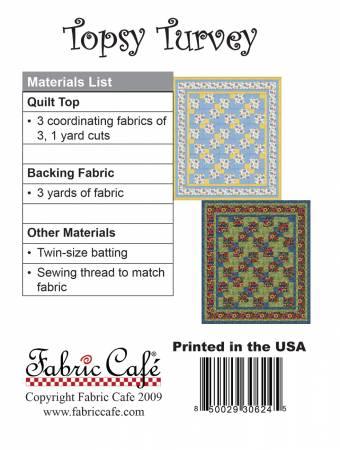 Quilt pattern booklet cover with materials list and Topsy Turvey quilt layout