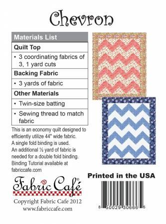 Chevron quilt pattern materials card with sizing, materials list, and barcode