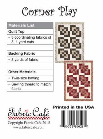 Corner Play quilt pattern card with quilt sample in beige and dark squares