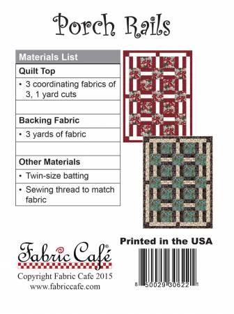 Quilt pattern packet insert with materials list for Porch Rails by Fabric Cafe