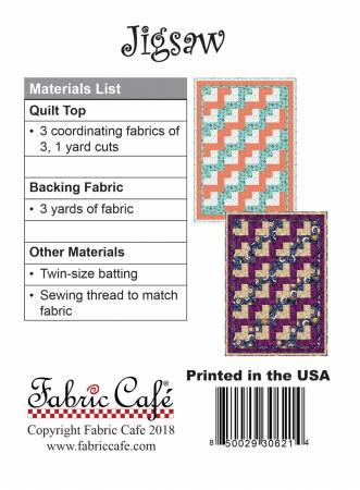 Jigsaw quilt pattern booklet back, showing materials list and fabric layout.