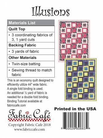 Illusions quilt pattern with pink and blue square layout and Fabric Cafe details