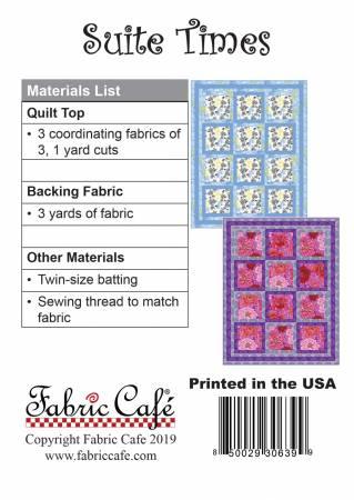 Suite Times 3-yard quilt pattern with blue and pink block sample and materials list