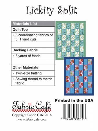 Quilt pattern sheet for Lickity Split with materials list and fabric sample panel
