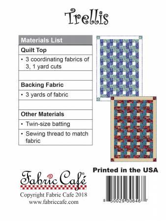 Trellis 3-yard quilt pattern with materials list and small geometric quilt preview