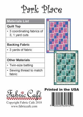 Quilt pattern materials list with patchwork sample in maroon, purple, and beige