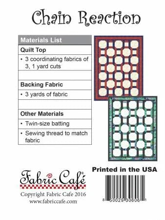 Quilt pattern booklet with Chain Reaction layout and materials list for quilt top