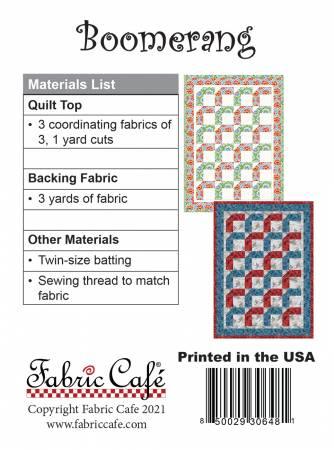Fabric Cafe quilt pattern sheet with materials list and small quilt block previews