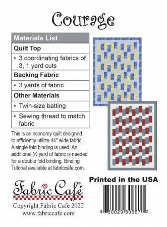Quilt pattern insert showing blue, yellow, and red block layouts with binding notes