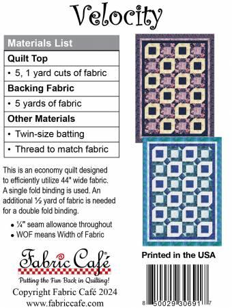 Velocity quilt pattern with purple and blue square blocks, 5-yard design