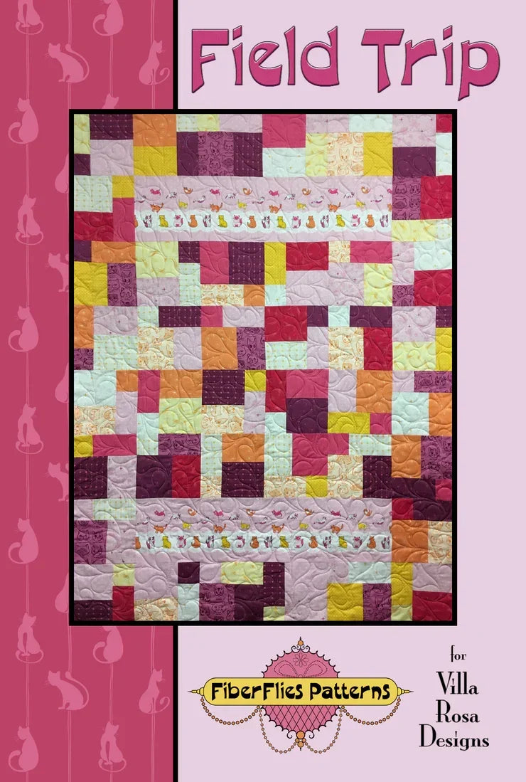 Quilt pattern cover with colorful patchwork blocks and border, titled Field Trip
