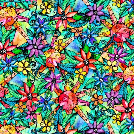 Stained glass floral print fabric with colorful flowers and butterflies