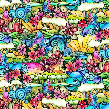Stained glass scenic fabric with colorful swirls, flowers, and blue birds