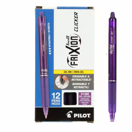 Pilot Frixion Clicker fine-point purple gel pen with retractable tip, shown beside its 12-pen box