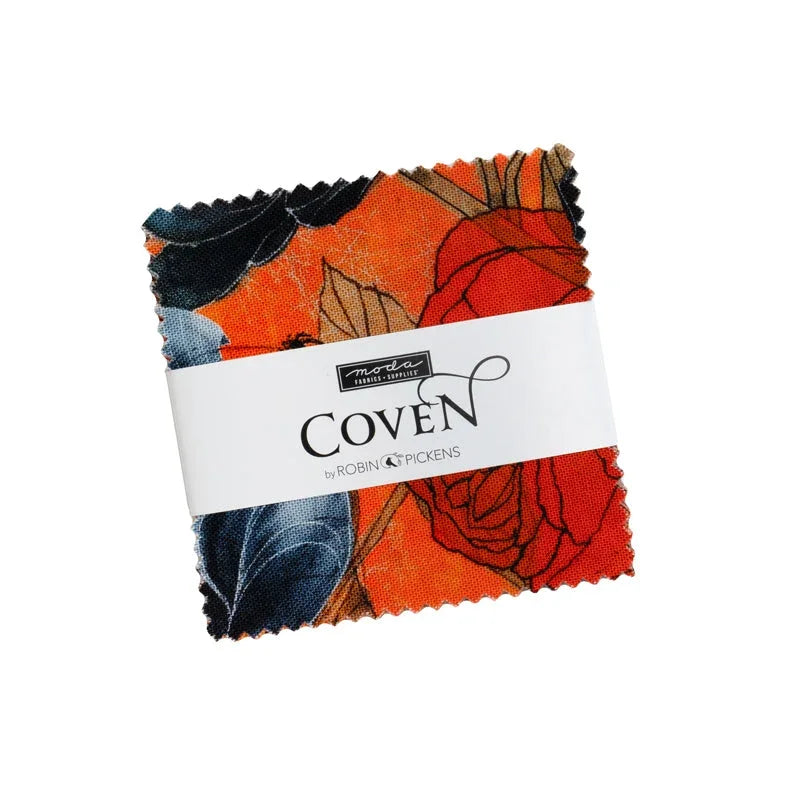 COVEN charm pack of 2.5" fabric squares in orange, black, and blue prints