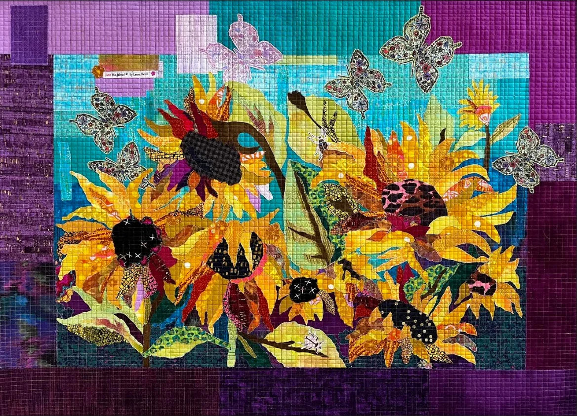 Collage pattern fabric with sunflower and butterfly motifs in teal, purple, and gold