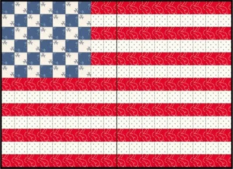 Quilt-style American flag with red white stripes and blue checkered stars
