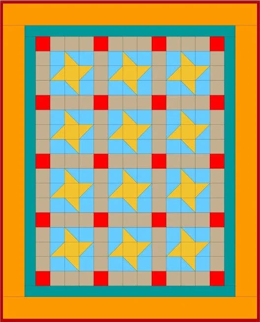 Baby patchwork quilt with blue and yellow star blocks and red border trim.