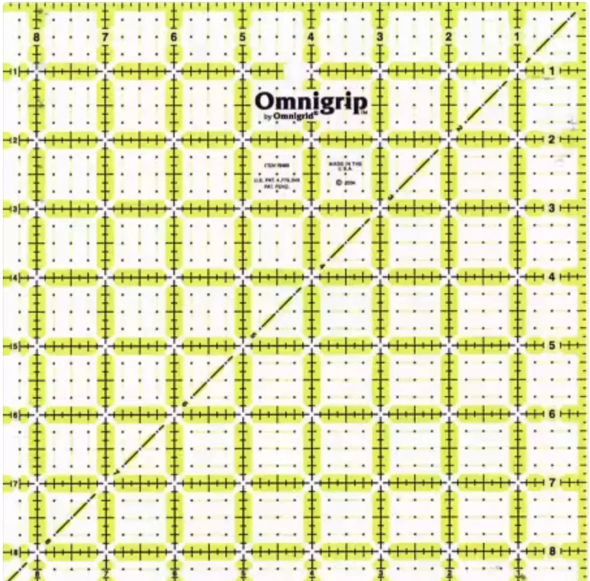 Omnigrid Omnigrip neon green square ruler with grid measurement markings, 8-1/2 in