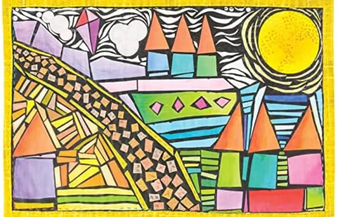 Abstract fabric quilt scene with geometric houses, a sun, and striped shapes