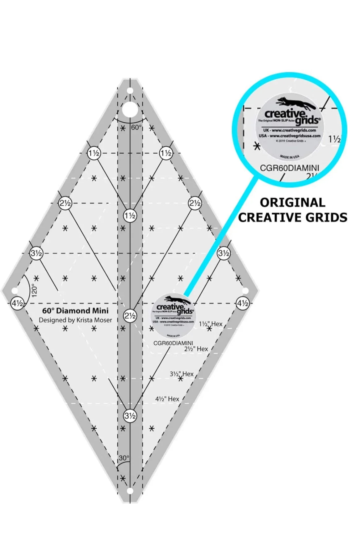 Creative Grids 60-degree mini diamond quilting ruler with circular brand badge