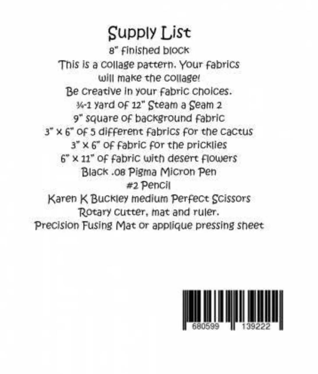 Quilt pattern supply list sheet with measurements and materials for cactus collage