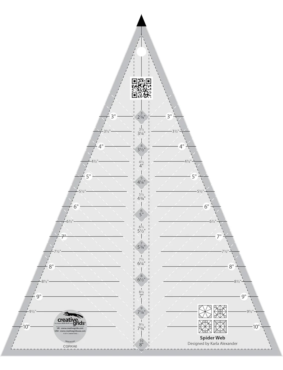 Triangular Spider Web quilt ruler with measurement markings and grid lines