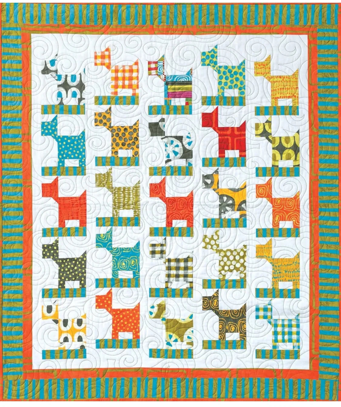 Quilt design book page showing multicolor patchwork blocks with a striped border